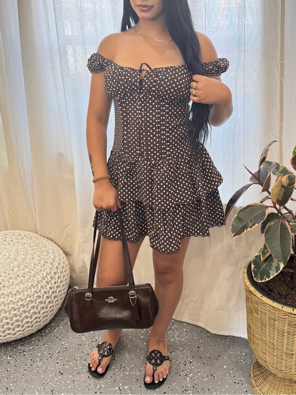wild fable Brown Polka Dot Off-Shoulder Mini Dress